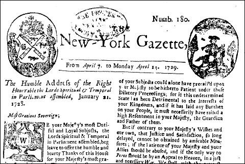 An image of a front page of the New-York Gazette from 1729